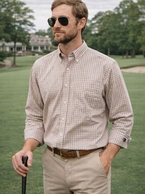 Southern Proper Button Down Shirt Large Tan Gingham Check Traditional Fit Preppy